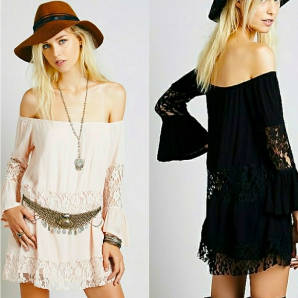 Free People Dresses & Skirts - Free People Pink Crinkle Gauze Lace Off Shoulder Mini Dress Tunic Blouse Top